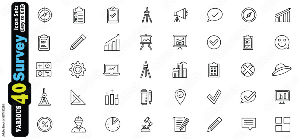 Poster collection of black outline icons for survey and business concepts checklist graph