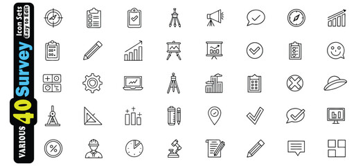 Collection of Black Outline Icons for Survey and Business Concepts checklist graph