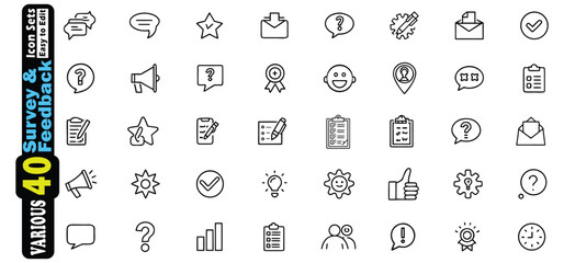Collection of Black Outline Icons for Survey Feedback and Communication vector