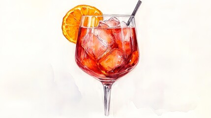 A watercolor sketch of a Spritz cocktail glass with an orange slice, set against a white background