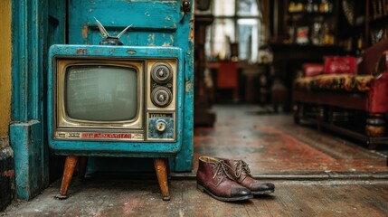 Vintage teal TV, antique shoes on floor