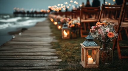 Wooden pier aisle, adorned with lanterns and flowers, leads to wedding ceremony