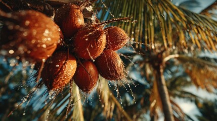 Wet coconuts hanging from palm tree
