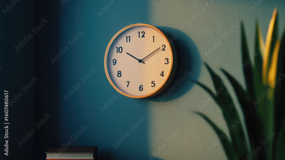 Poster round wall clock displaying time in modern interior setting, with soft shadows and plant in foregrou