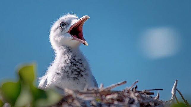 A white seagull with its beak open against a clear blue sky, capturing the essence of bird life