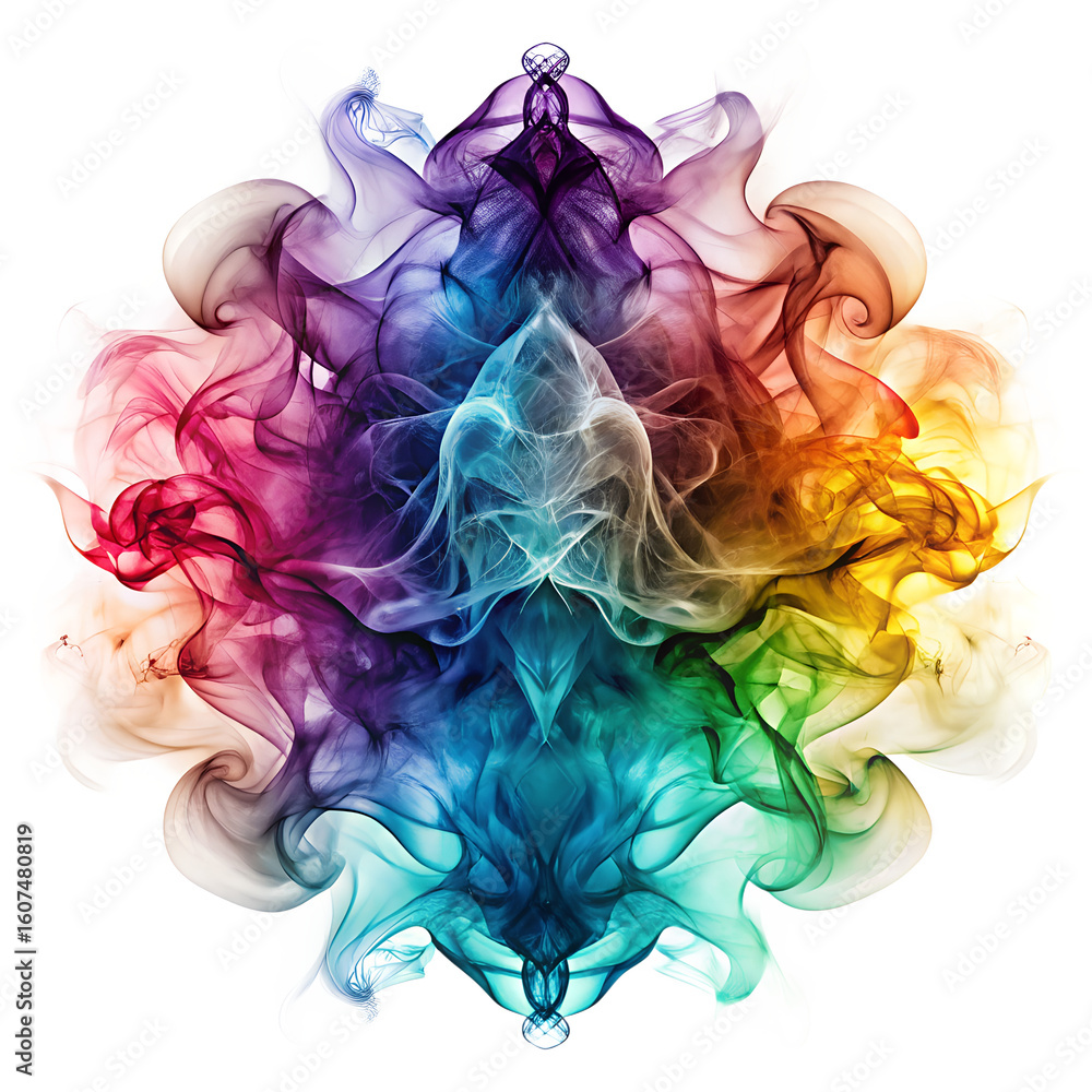Poster a symmetrical explosion of rainbow colored smoke forming an intricate pattern on a transparent backg