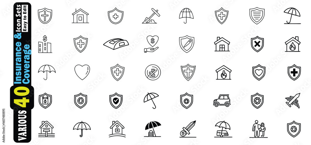 Aufkleber collection of insurance and coverage icons with shields and umbrellas vector