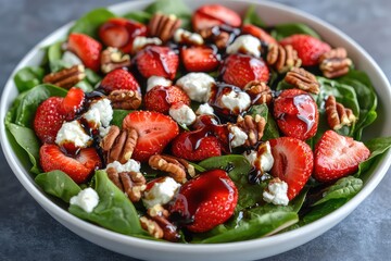A fresh spinach salad with strawberries, goat cheese, and pecans, drizzled with balsamic glaze