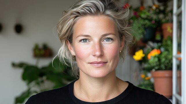 Serene Portrait: A radiant woman with sun-kissed skin and captivating blue eyes exudes tranquility against a blurred backdrop of lush greenery, embodying a sense of peace and natural beauty.