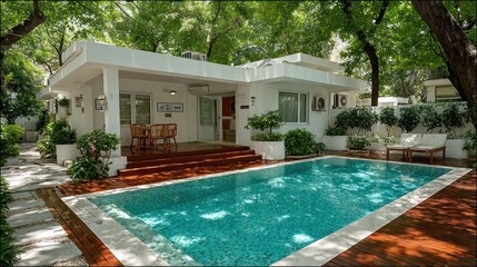 White villa with pool and deck. Lush greenery surrounds the tranquil retreat