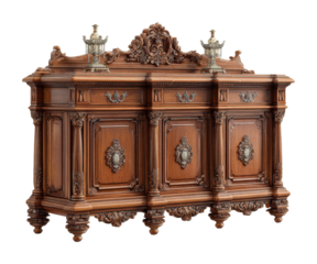 Elegant wooden antique sideboard classic home furniture interior design front view isolated on transparent background