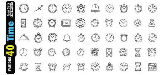 Collection of Various Black Outline Time Icons on White Background clock alarm clock