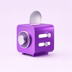 3D purple safe box with coin slot and dial, abstract savings and secure money storage concept on pastel background
