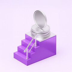 3D abstract stairs leading to stacked silver coins on purple platform, concept of financial growth, wealth achievement, and success
