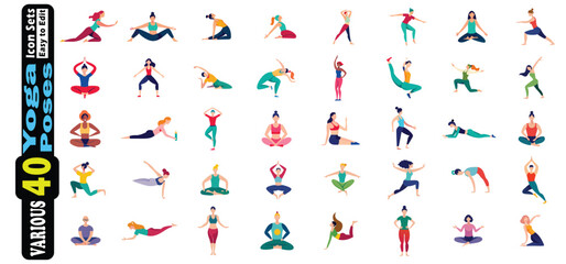 Diverse People Performing Various Yoga Poses Flat Icons women