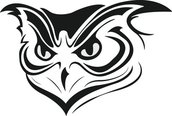 Tribal Owl Head Tattoo Design - Aggressive Owl Tattoo Vector - Black and White Vector Illustration