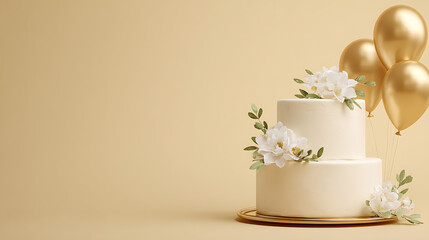 Elegant two tier wedding cake adorned with white flowers and gold balloons celebration dessert