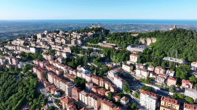 Aerial view of San Marino  also known as the Most Serene Republic of San Marino an enclaved microstate surrounded by Italy, situated on the Italian Peninsula on the northeastern side of the Apennines