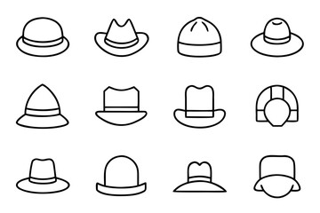 Fototapeta premium Collection of various hat outlines and silhouettes isolated on transparent background