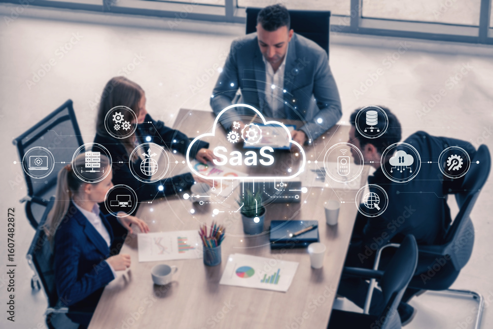 Poster visual representation of saas showing infrastructure, saas deployment, saas platform features, and s