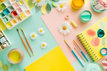 Fototapeta premium Top-down view of art supplies: watercolor palettes, brushes, paint, paper, and daisies on a pastel background.