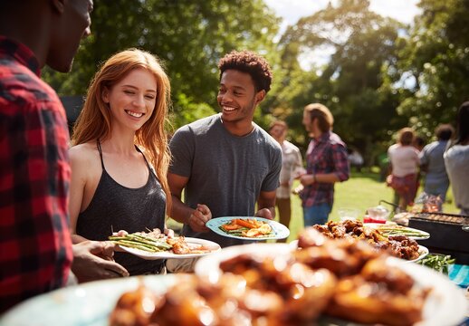 Friends Enjoying Outdoor Picnic with Chicken Wings, Vegetables, and Food Serving on a Sunny Summer Day
