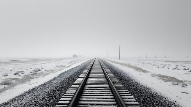 Endless railway tracks vanishing into a hazy winter landscape snow