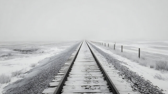 Endless snow covered railway tracks disappearing into the horizon winter landscape - Powered by Adobe