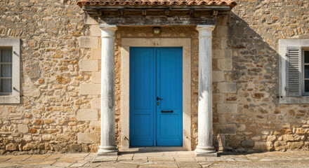 Fototapeta premium Vibrant Blue Doorway with Stone Facade.