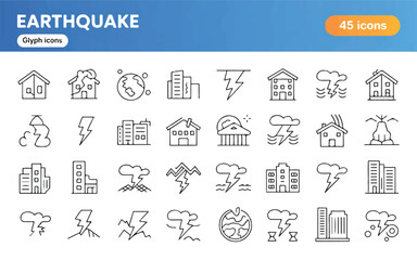 Black and white earthquake icons set with buildings and lightning glyph