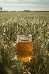 Jar of buckwheat honey placed against the backdrop of a blooming buckwheat field, highlighting the natural origin, rich color, and health benefits of this organic and aromatic beekeeping product 