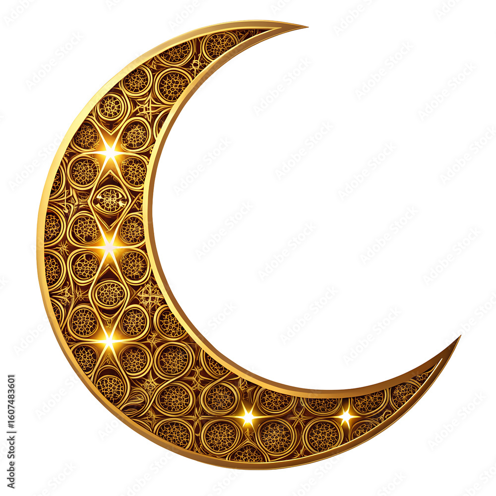 Poster ornate golden crescent moon with intricate patterns and glowing stars isolated on transparent backgr