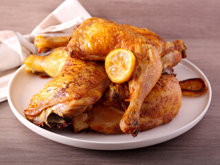 Roast lemon chicken legs served