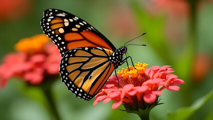 Naklejka premium Monarch Butterfly Feeding on Red Flowers – Macro Nature Photography with Vibrant Colors and Shallow Depth of Field