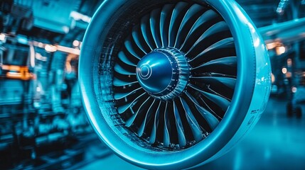 Close-up view of jet engine blades in blue tones 