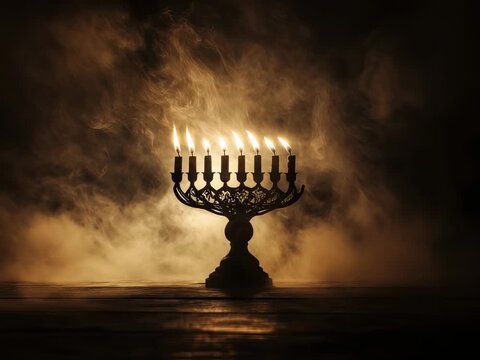 Elegant Hanukkah Menorah Lighting Celebration in Atmospheric Golden Light