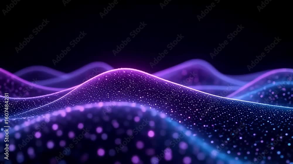 Poster abstract background animation loop glowing wave particles purple blue seamless motion graphics 100