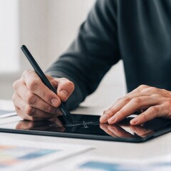 Designer Using Tablet and Stylus in Minimal Workspace