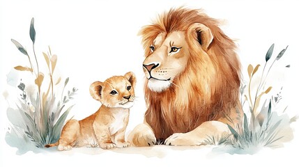Dad lion and a little lion cub. Watercolor drawing 