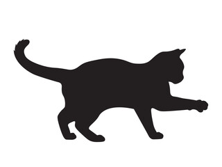 Black silhouette of a cat in side view, standing still with one front paw raised as if reaching forward. Tail down and gently curved. Clean design on white background.