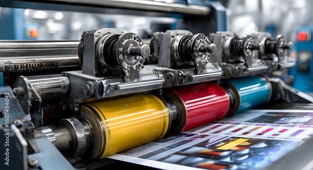 Poster Industrial offset printing press with colorful rollers actively printing in a factory