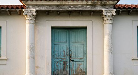 Naklejka premium Weathered Columns and Teal Doorway.