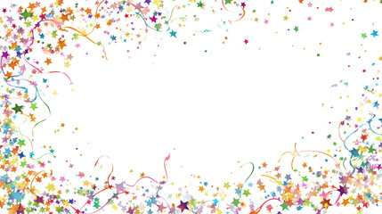 Confetti swirl frame with colorful stars and streamers, decorative border design, transparent background 
