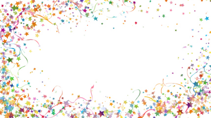 Confetti swirl frame with colorful stars and streamers, decorative border design, transparent background 
