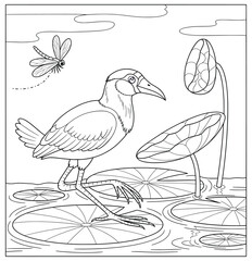 Cartoon Wetland Bird on Lily Pads with Dragonfly — Nature Scene Coloring Page for Kids