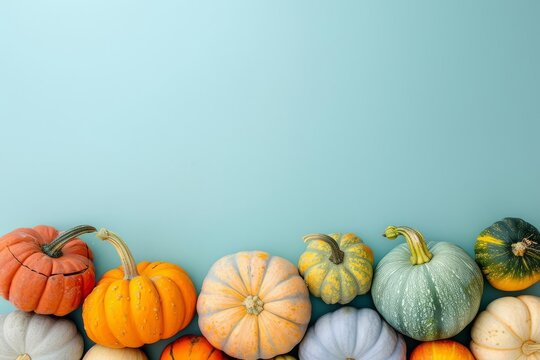 A variety of pumpkins arranged at the bottom of a pale blue surface. Top half of the image is solid blue with free space.