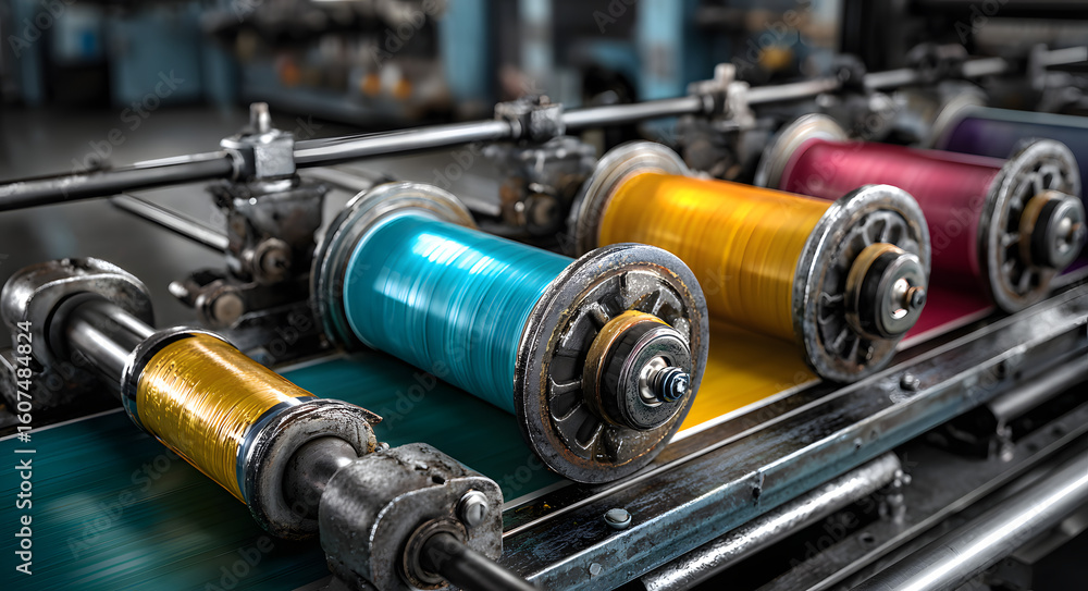 Poster industrial offset printing press with colorful rollers actively printing in a factory