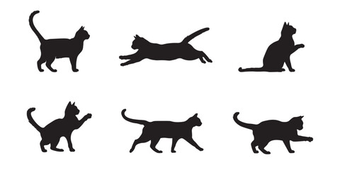 Set of six black cat silhouettes in various poses including walking, sitting, jumping, and playing. Simple side view design on white background. Perfect for pet or animal themes.