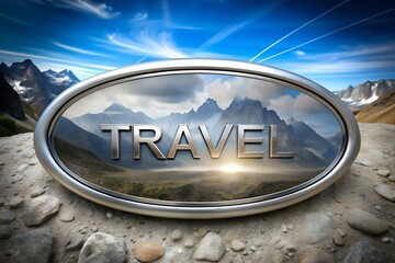 Text TRAVEL logo metallic futuristic neon mountains company background banner travel concept resort holiday design art cruise service tour trip tickets nature hotel booking template agency marketing
