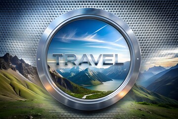 Text TRAVEL logo metallic futuristic neon mountains hotel banner agency art tour cruise nature booking trip holiday resort service marketing design vacation company concept template tickets background